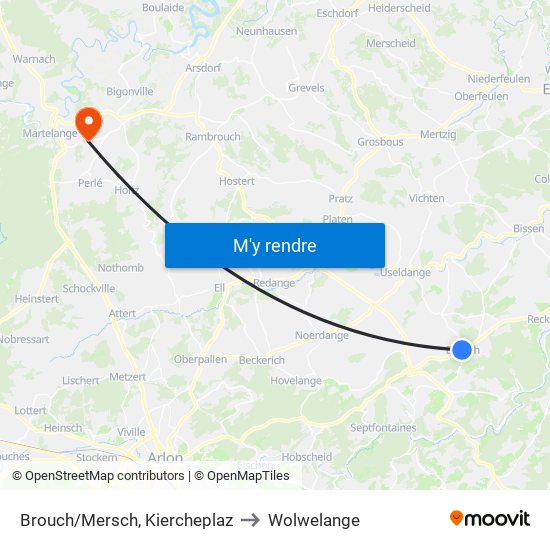 Brouch/Mersch, Kiercheplaz to Wolwelange map