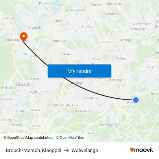 Brouch/Mersch, Kloeppel to Wolwelange map