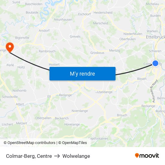 Colmar-Berg, Centre to Wolwelange map