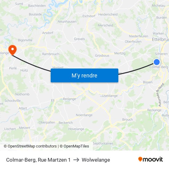 Colmar-Berg, Rue Martzen 1 to Wolwelange map