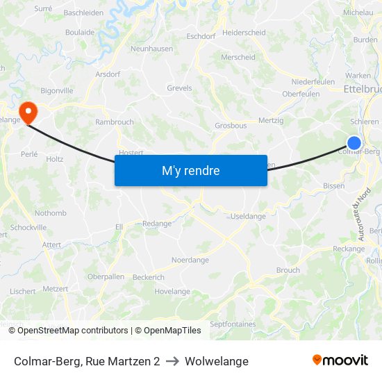 Colmar-Berg, Rue Martzen 2 to Wolwelange map