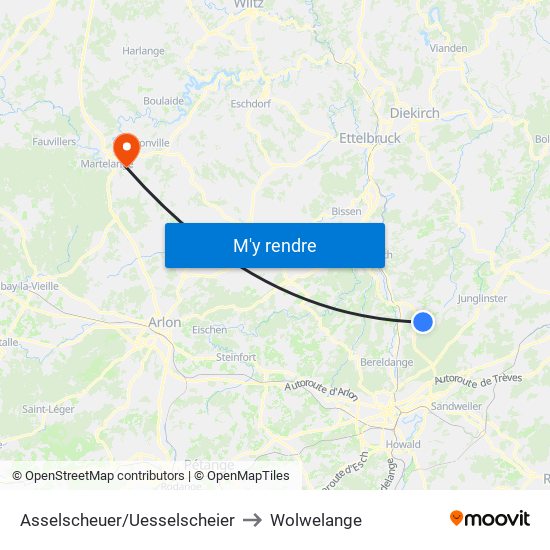 Asselscheuer/Uesselscheier to Wolwelange map
