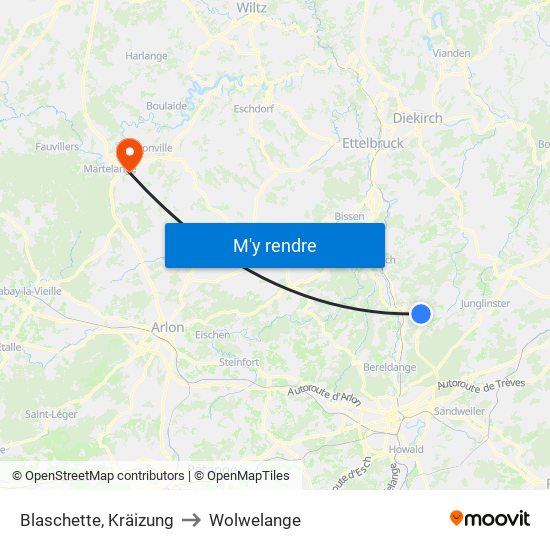 Blaschette, Kräizung to Wolwelange map