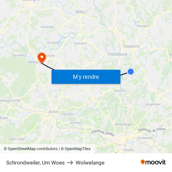 Schrondweiler, Um Woes to Wolwelange map