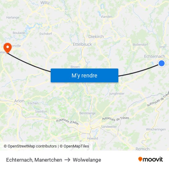 Echternach, Manertchen to Wolwelange map