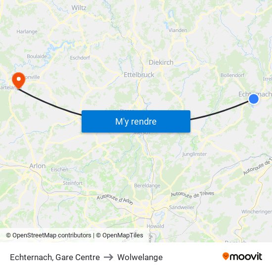 Echternach, Gare Centre to Wolwelange map