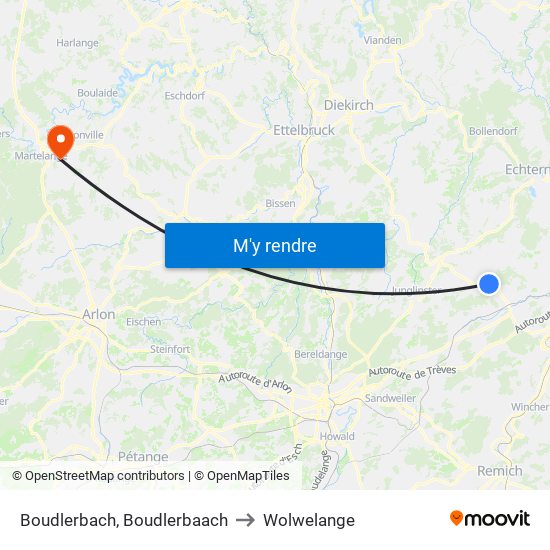 Boudlerbach, Boudlerbaach to Wolwelange map