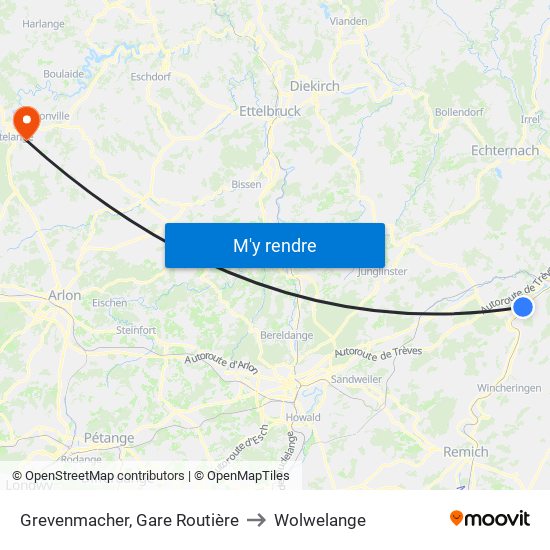 Grevenmacher, Gare Routière to Wolwelange map