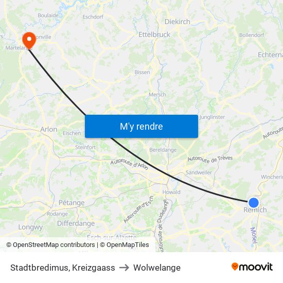 Stadtbredimus, Kreizgaass to Wolwelange map