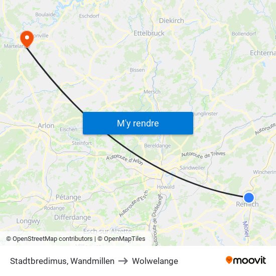 Stadtbredimus, Wandmillen to Wolwelange map