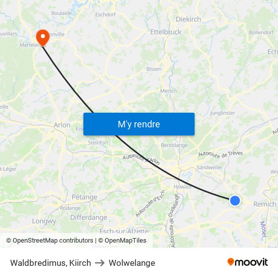 Waldbredimus, Kiirch to Wolwelange map