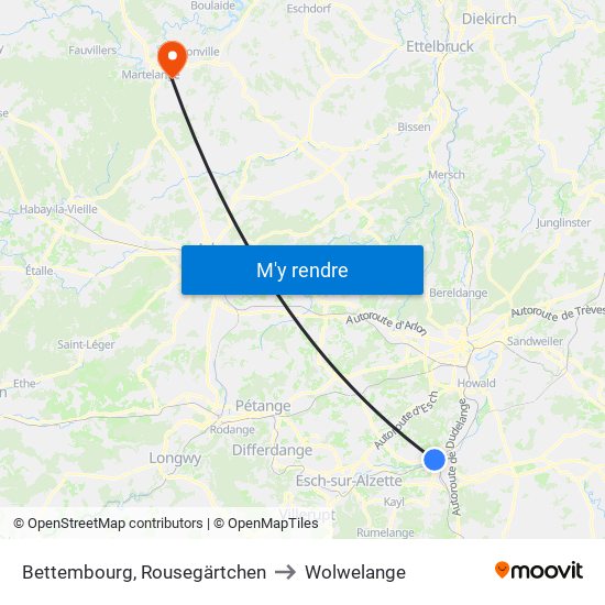 Bettembourg, Rousegärtchen to Wolwelange map