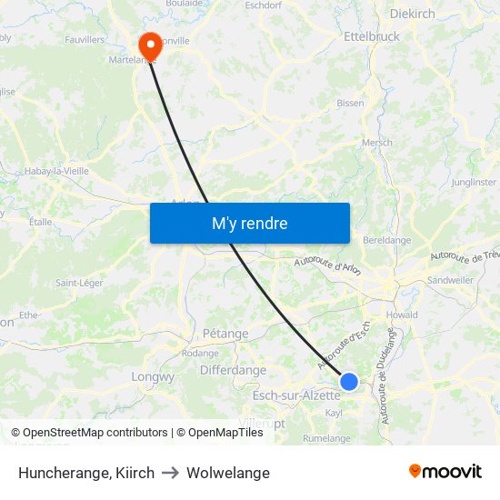 Huncherange, Kiirch to Wolwelange map