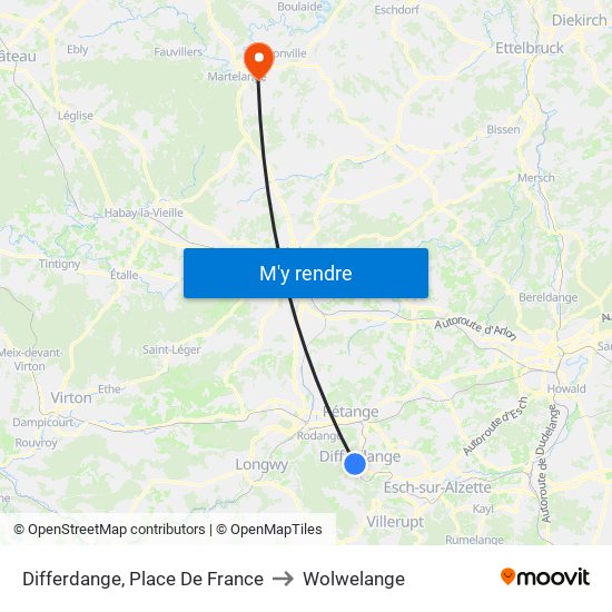 Differdange, Place De France to Wolwelange map