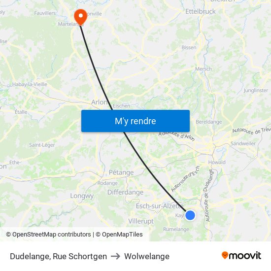 Dudelange, Rue Schortgen to Wolwelange map