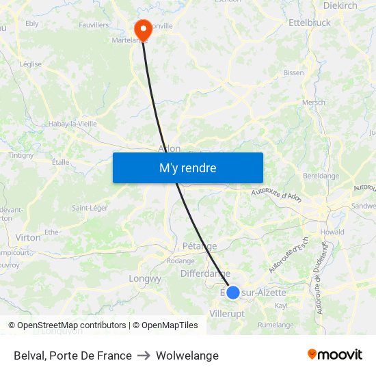 Belval, Porte De France to Wolwelange map