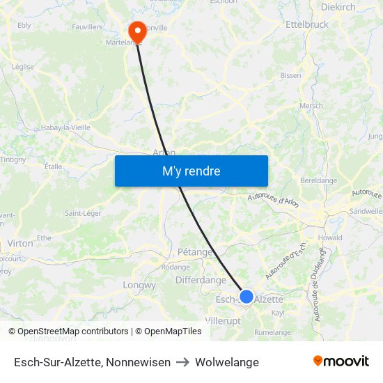 Esch-Sur-Alzette, Nonnewisen to Wolwelange map