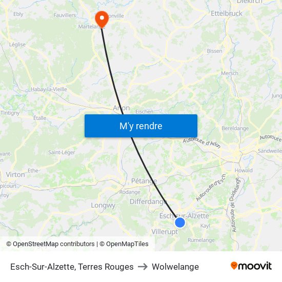 Esch-Sur-Alzette, Terres Rouges to Wolwelange map