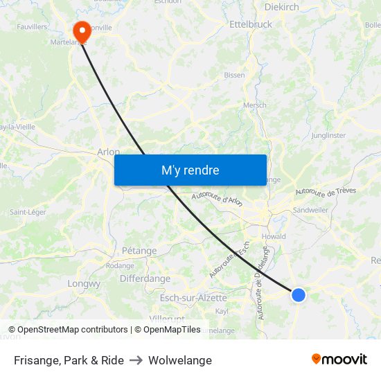 Frisange, Park & Ride to Wolwelange map