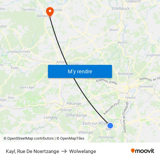 Kayl, Rue De Noertzange to Wolwelange map