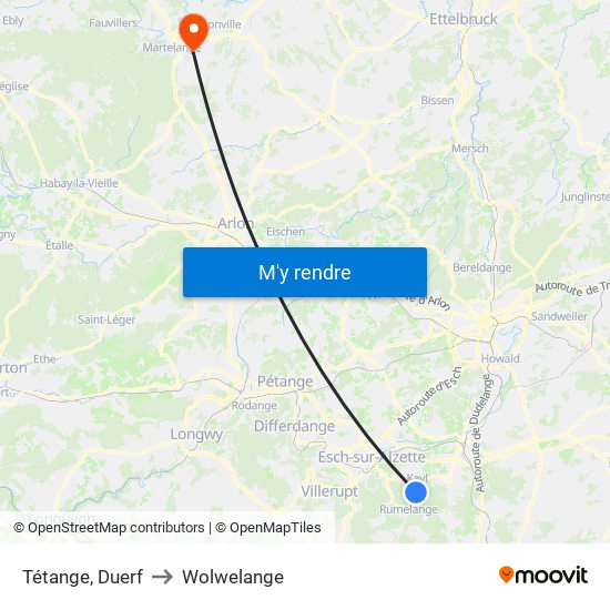 Tétange, Duerf to Wolwelange map
