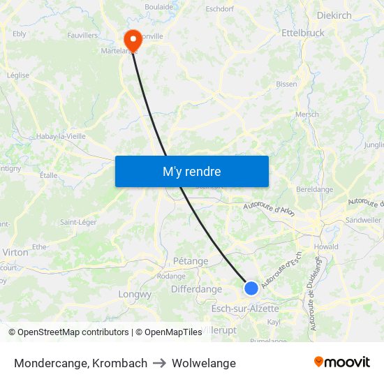 Mondercange, Krombach to Wolwelange map