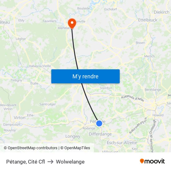 Pétange, Cité Cfl to Wolwelange map