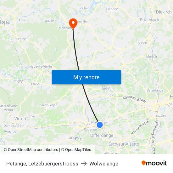 Pétange, Lëtzebuergerstrooss to Wolwelange map