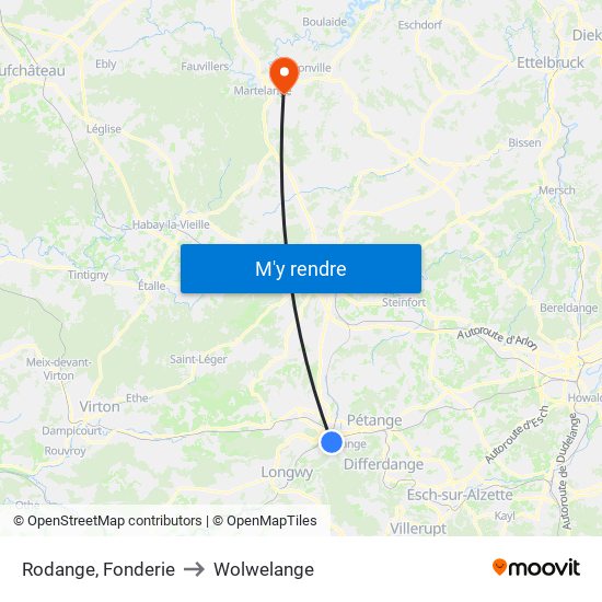 Rodange, Fonderie to Wolwelange map