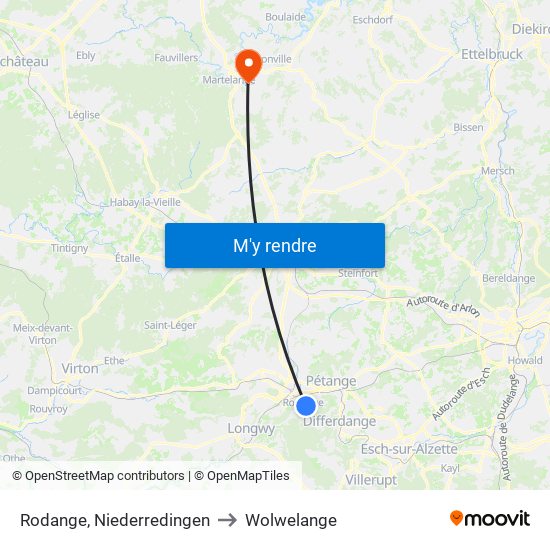 Rodange, Niederredingen to Wolwelange map