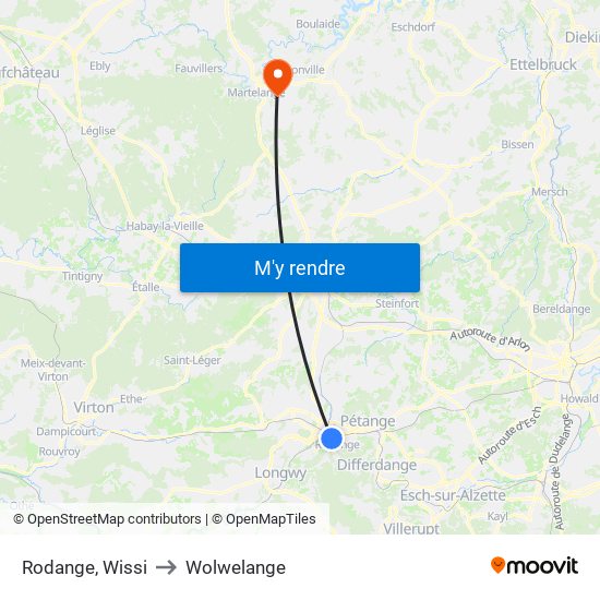 Rodange, Wissi to Wolwelange map