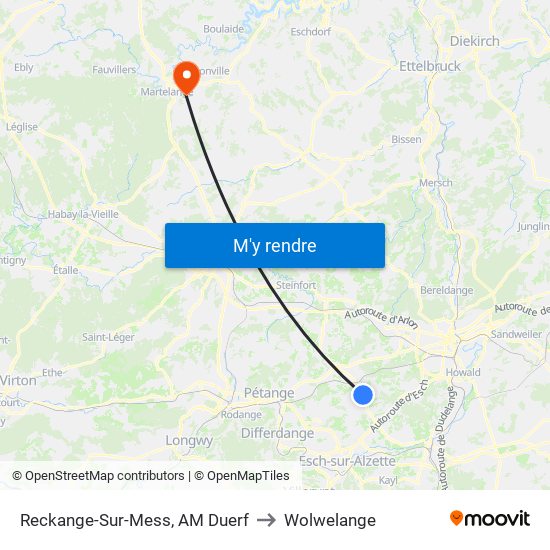 Reckange-Sur-Mess, AM Duerf to Wolwelange map
