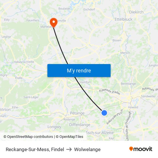 Reckange-Sur-Mess, Findel to Wolwelange map