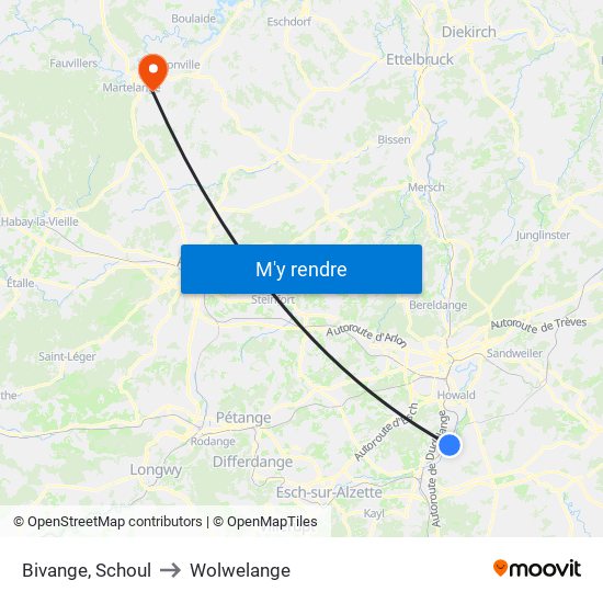 Bivange, Schoul to Wolwelange map