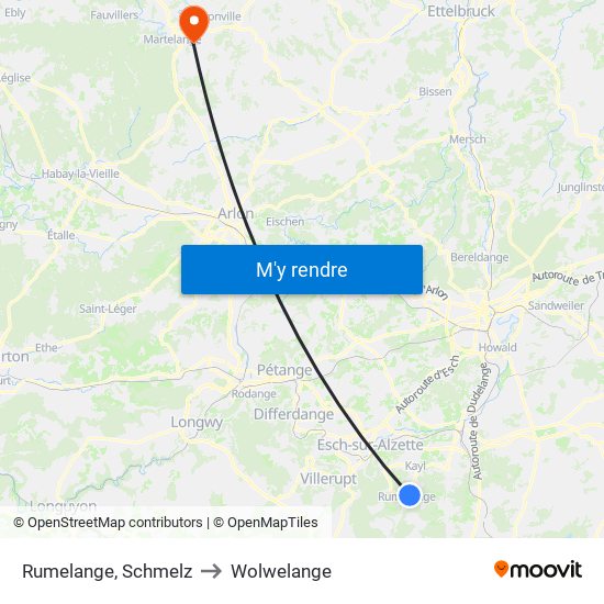 Rumelange, Schmelz to Wolwelange map