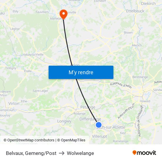 Belvaux, Gemeng/Post to Wolwelange map