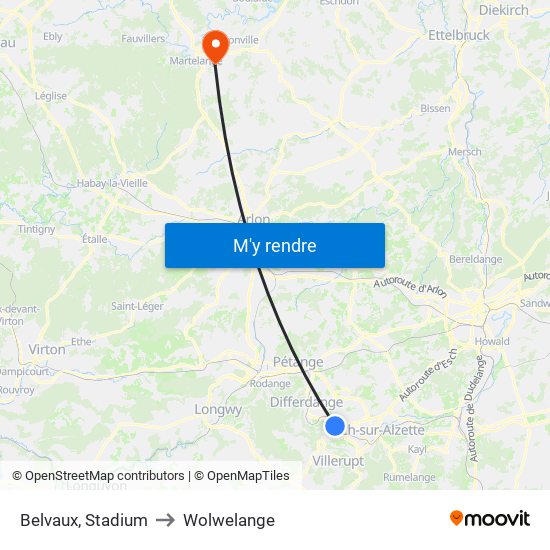 Belvaux, Stadium to Wolwelange map