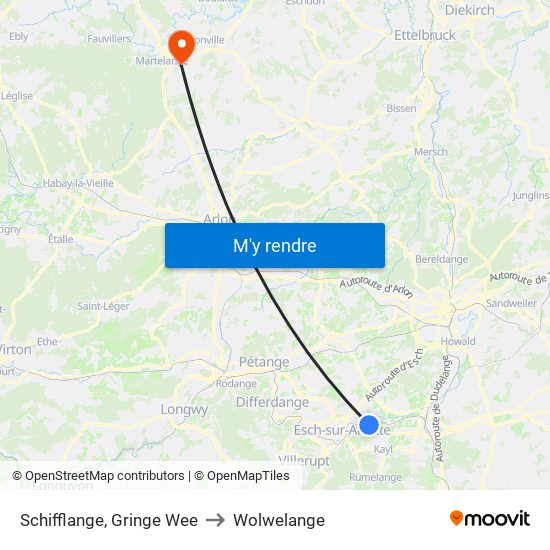 Schifflange, Gringe Wee to Wolwelange map
