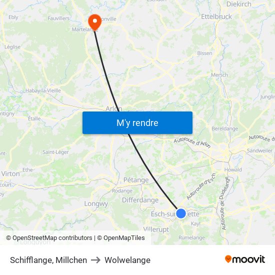 Schifflange, Millchen to Wolwelange map