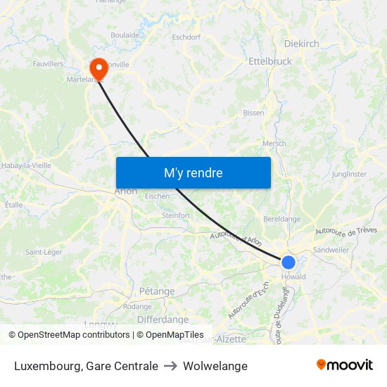 Luxembourg, Gare Centrale to Wolwelange map