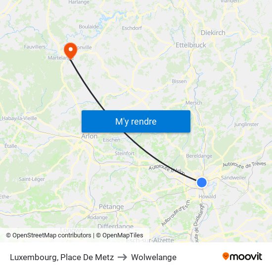 Luxembourg, Place De Metz to Wolwelange map