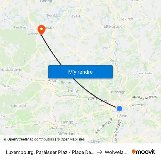 Luxembourg, Paräisser Plaz / Place De Paris to Wolwelange map