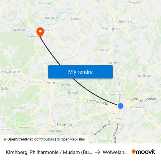 Kirchberg, Philharmonie / Mudam (Bus) to Wolwelange map