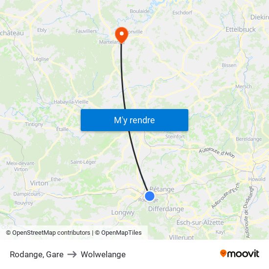 Rodange, Gare to Wolwelange map