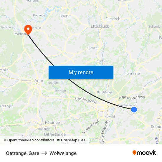 Oetrange, Gare to Wolwelange map