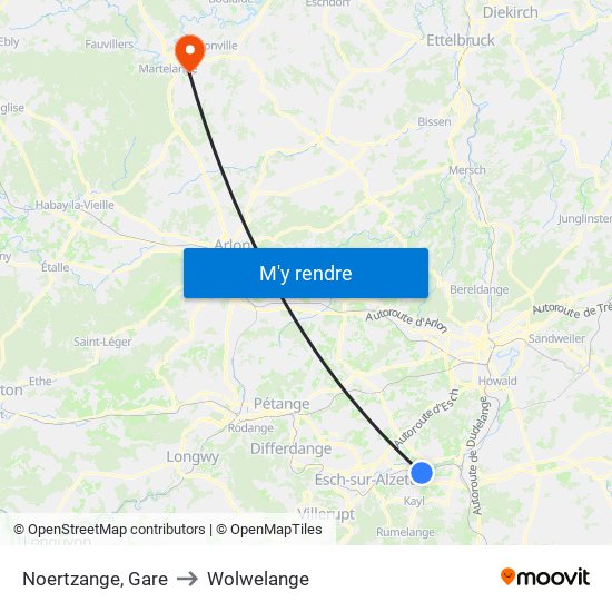 Noertzange, Gare to Wolwelange map