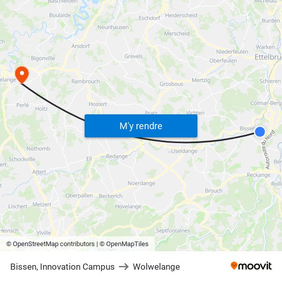 Bissen, Innovation Campus to Wolwelange map