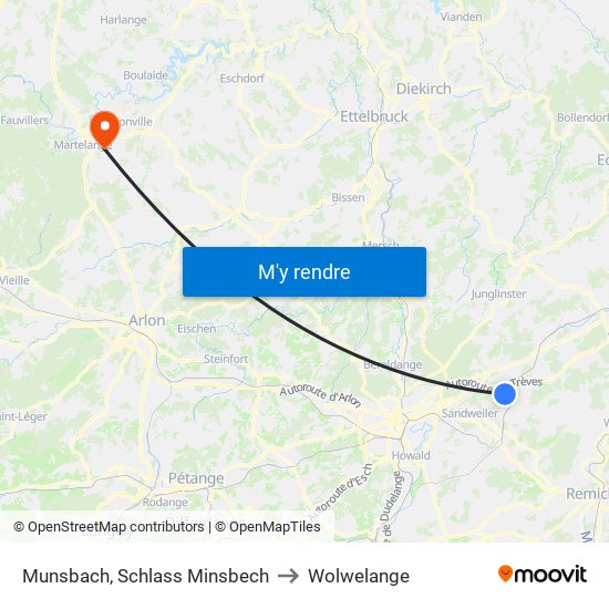 Munsbach, Schlass Minsbech to Wolwelange map