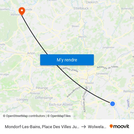 Mondorf-Les-Bains, Place Des Villes Jumelées to Wolwelange map