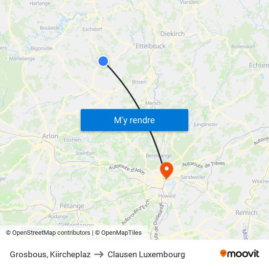 Grosbous, Kiircheplaz to Clausen Luxembourg map
